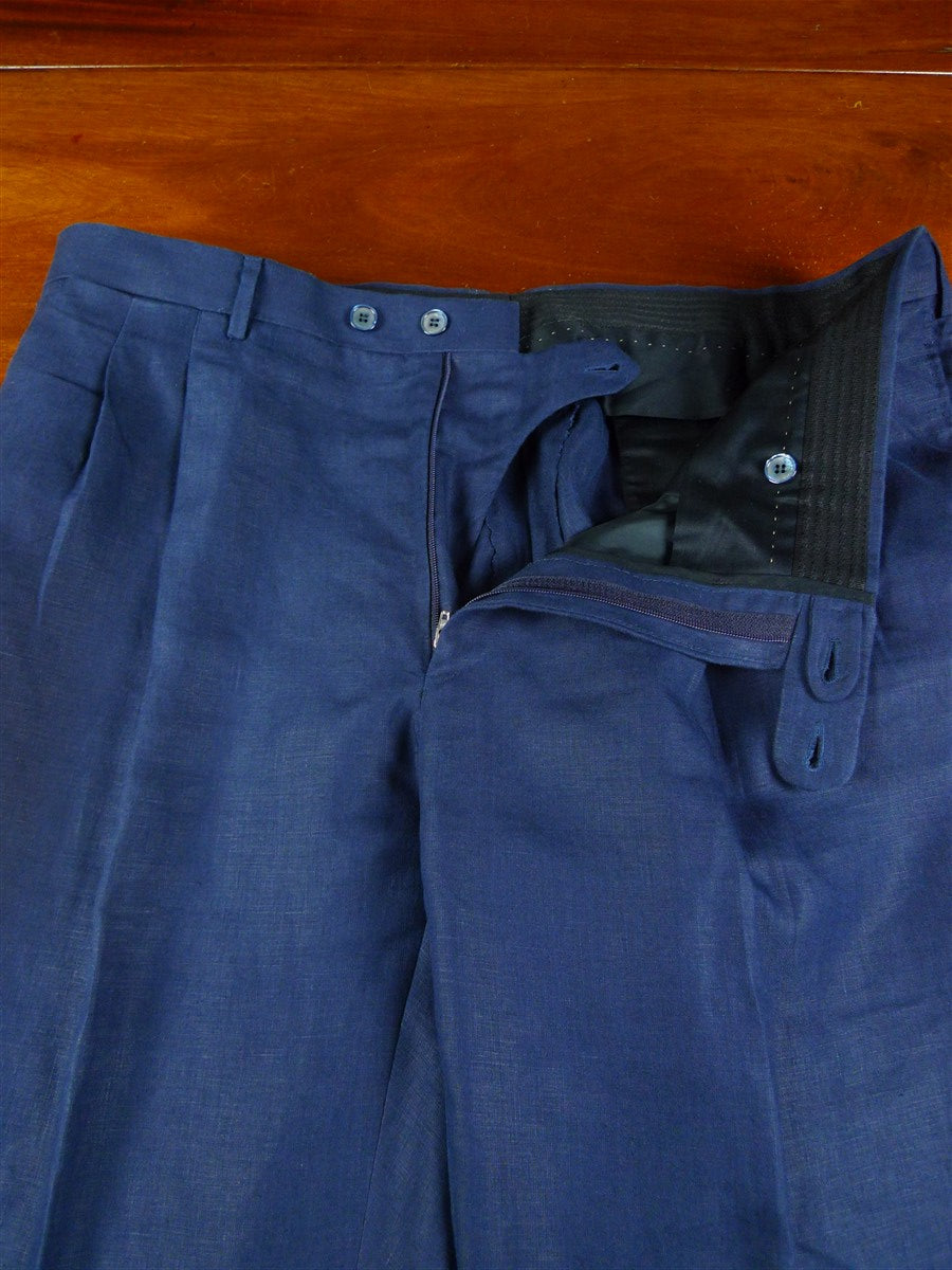 25/1215 immaculate 2015 italian bespoke dark blue 3-piece linen suit w/ mother of pearl buttons 44 regular