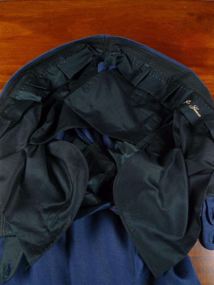 25/1215 immaculate 2015 italian bespoke dark blue 3-piece linen suit w/ mother of pearl buttons 44 regular