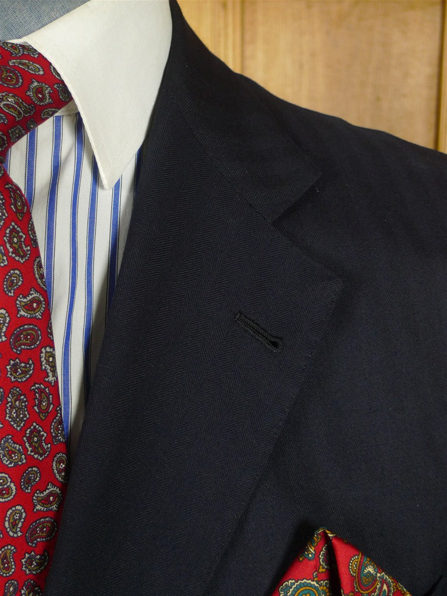 26/0114 italian lh napoli bespoke navy blue herringbone wool worsted wool suit w/ contrast linings 38 regular to long