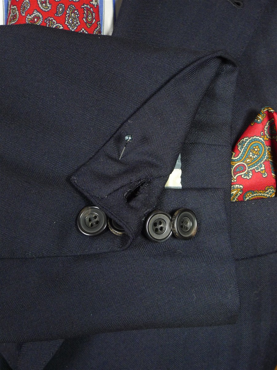 26/0114 italian lh napoli bespoke navy blue herringbone wool worsted wool suit w/ contrast linings 38 regular to long
