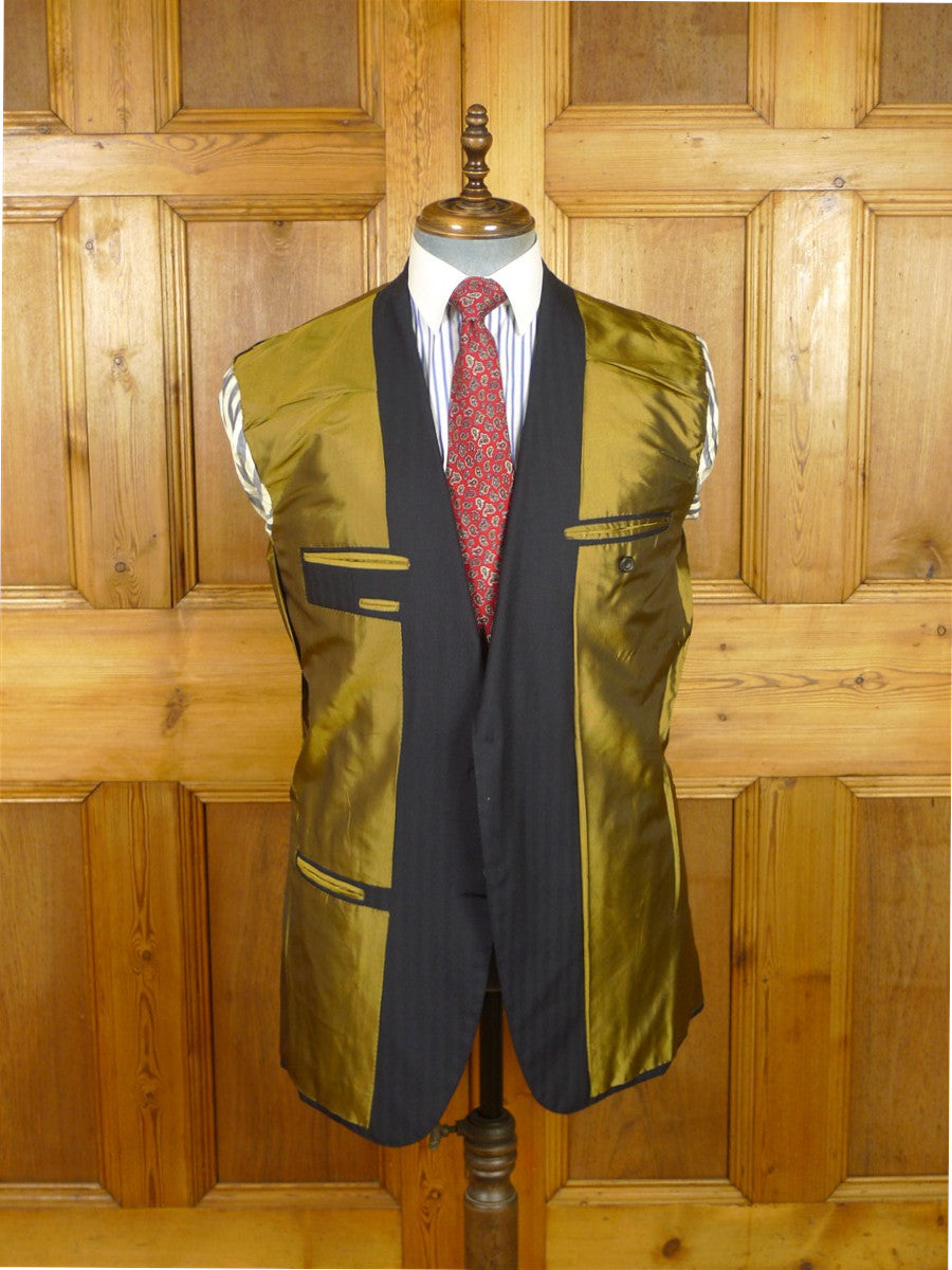 26/0114 italian lh napoli bespoke navy blue herringbone wool worsted wool suit w/ contrast linings 38 regular to long