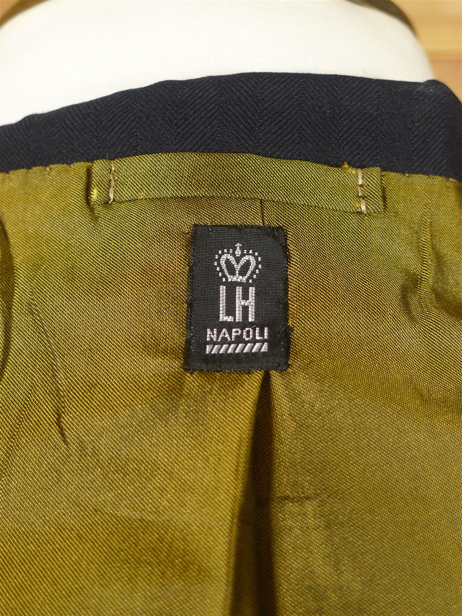 26/0114 italian lh napoli bespoke navy blue herringbone wool worsted wool suit w/ contrast linings 38 regular to long