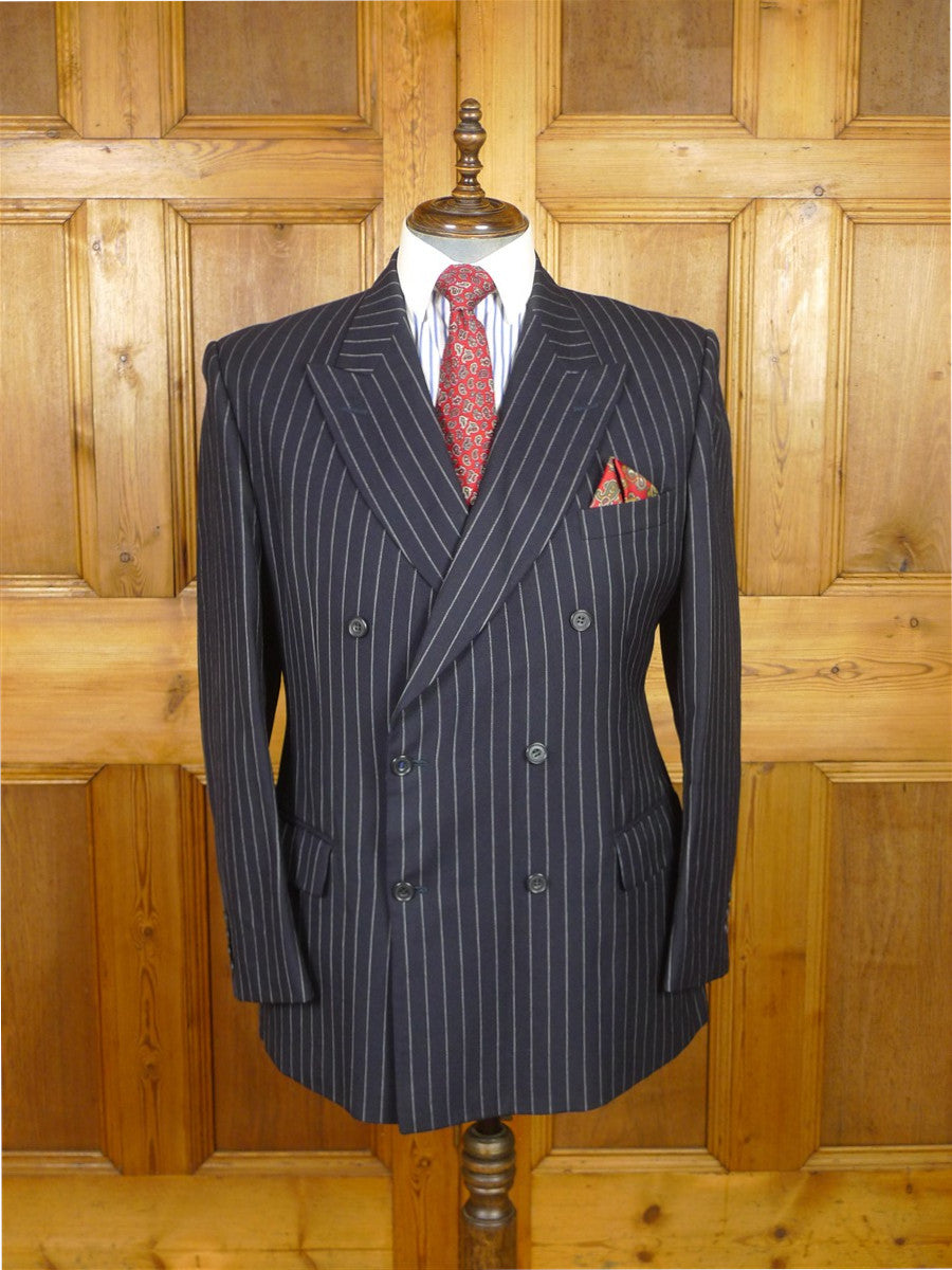 26/0122 immaculate vintage hackett london navy blue rope-stripe d/b worsted wool suit 44 long