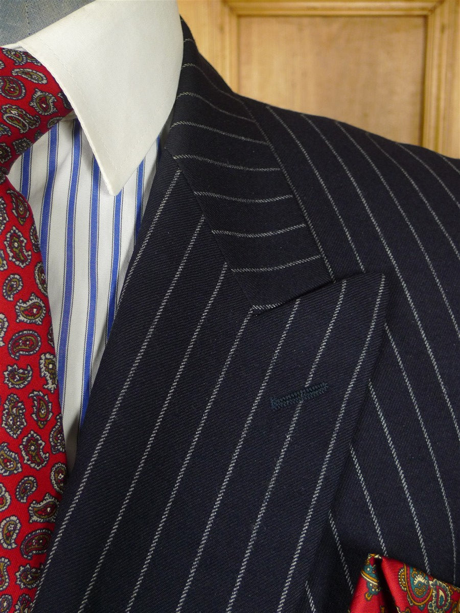 26/0122 immaculate vintage hackett london navy blue rope-stripe d/b worsted wool suit 44 long