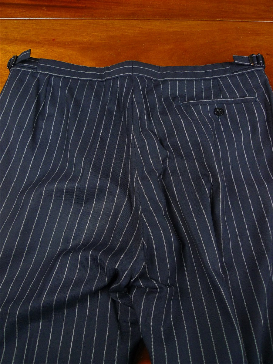 26/0122 immaculate vintage hackett london navy blue rope-stripe d/b worsted wool suit 44 long