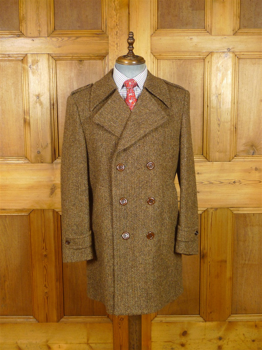 26/0139 near immaculate vintage harris tweed brown herringbone d/b pea coat overcoat 39