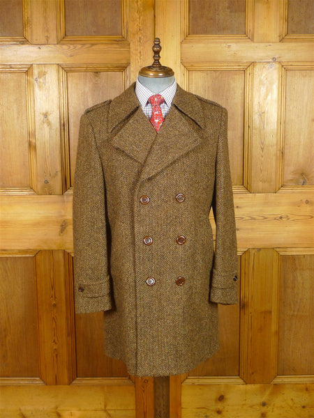 26/0139 near immaculate vintage harris tweed brown herringbone d/b pea coat overcoat 39