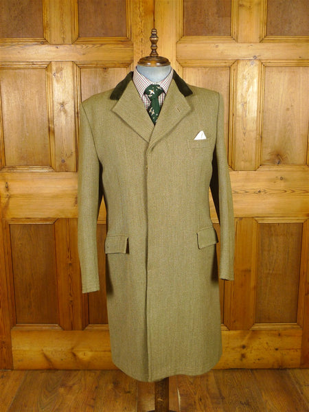 26/0243 fabulous vintage swaine adeney heavyweight green keepers tweed covert coat overcoat w/ velvet collar 43-44