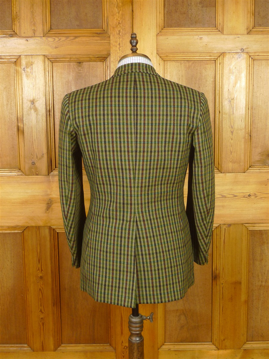 26/0255 exceptional vintage british green / brown gun check heavyweight cavalry twill country jacket w/ ghillie collar 38 short to regular