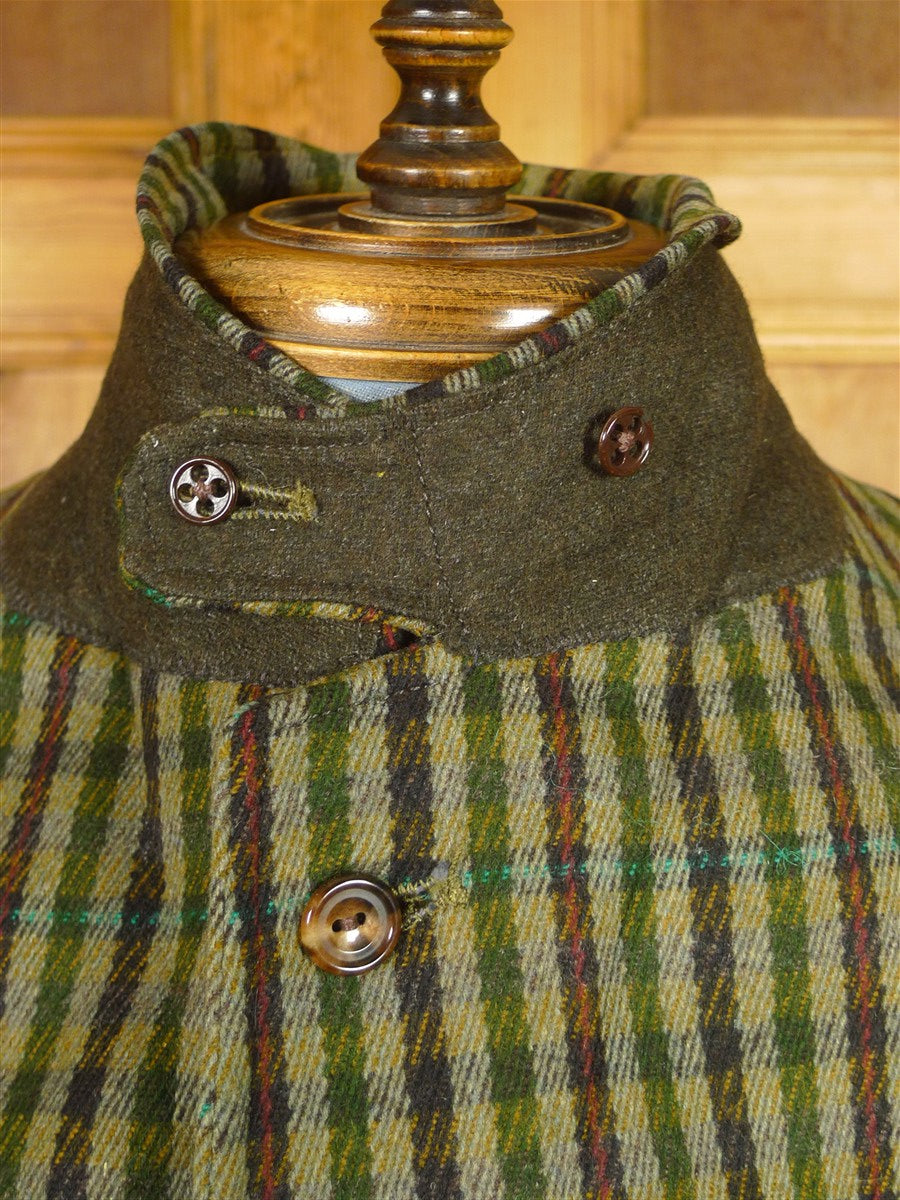26/0255 exceptional vintage british green / brown gun check heavyweight cavalry twill country jacket w/ ghillie collar 38 short to regular