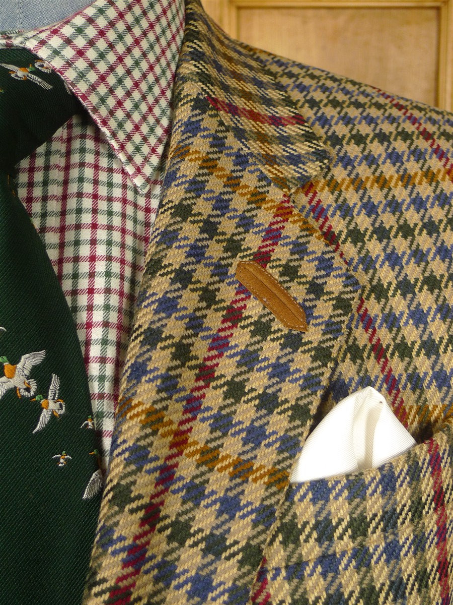 26/0268 vintage daks house check tweed sports jacket w/ dd leather buttons and suede trims 40 short to regular