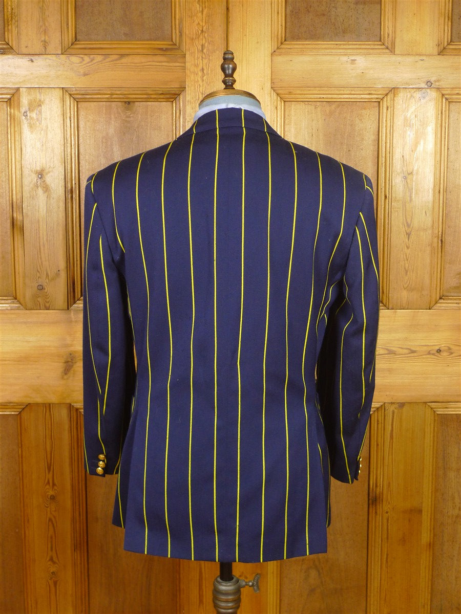 26/0284 wonderful vintage british navy blue / yellow stripe wool & cotton boating blazer 40 regular