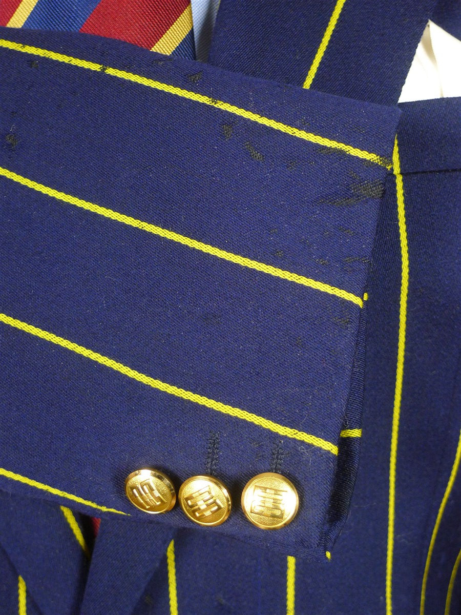 26/0284 wonderful vintage british navy blue / yellow stripe wool & cotton boating blazer 40 regular