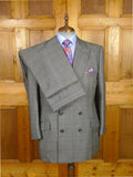 26/0300 vintage dege & skinner savile row bespoke grey / blue prince of wales check suit w/ 2 pair trs 44 long