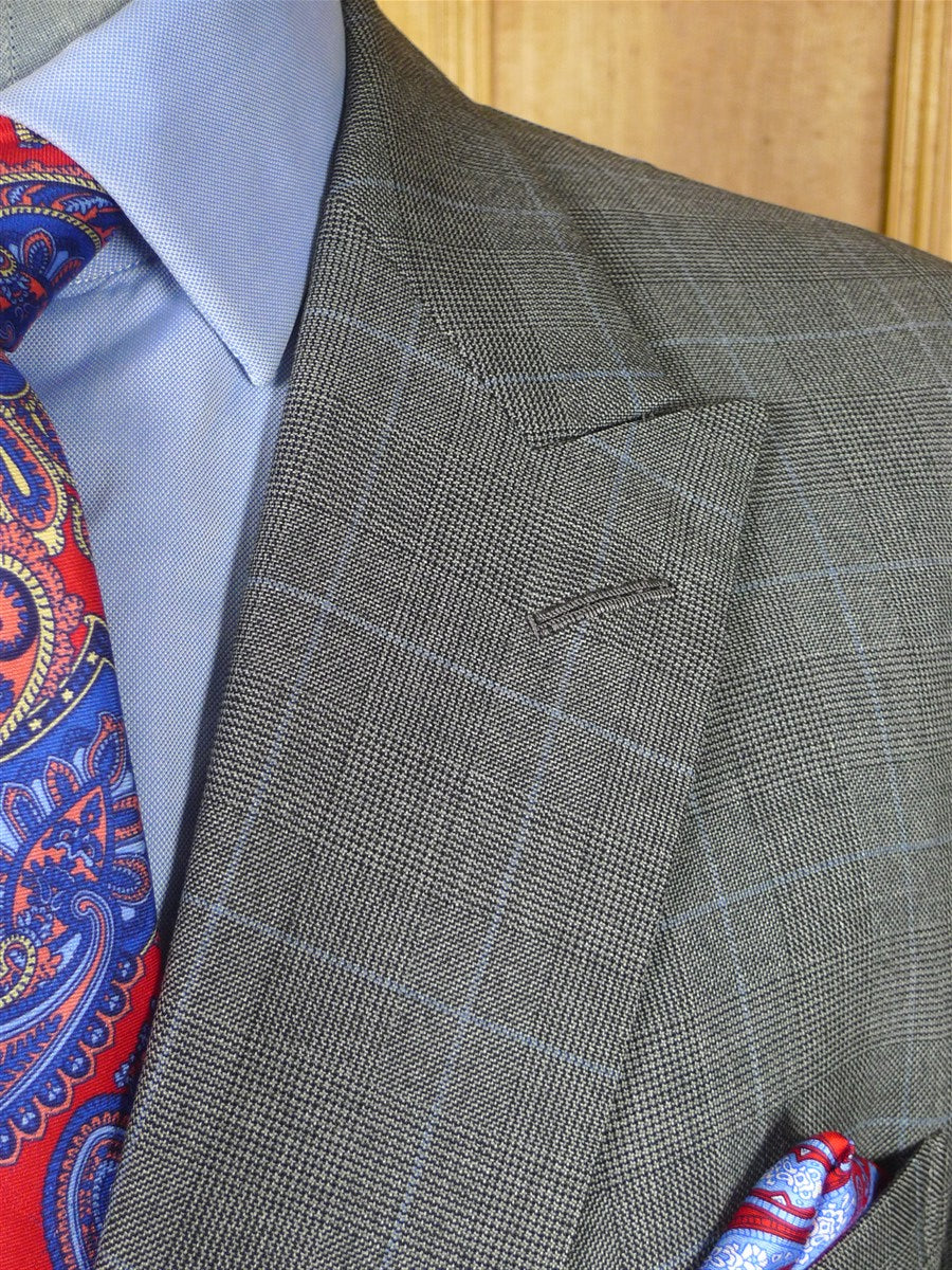 26/0300 vintage dege & skinner savile row bespoke grey / blue prince of wales check suit w/ 2 pair trs 44 long