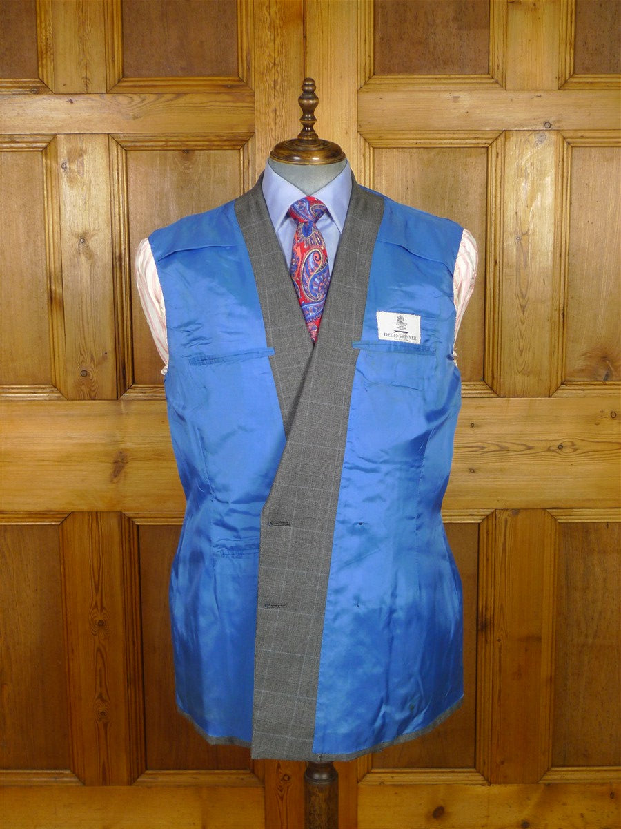 26/0300 vintage dege & skinner savile row bespoke grey / blue prince of wales check suit w/ 2 pair trs 44 long