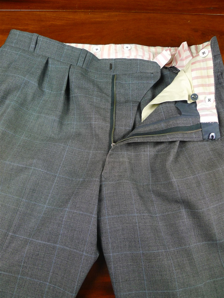 26/0300 vintage dege & skinner savile row bespoke grey / blue prince of wales check suit w/ 2 pair trs 44 long