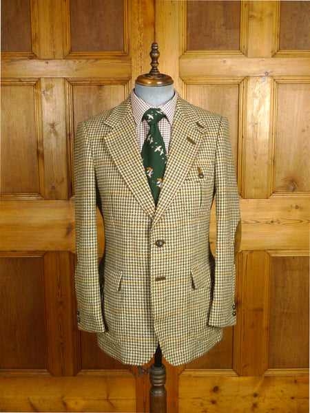 26/0303 delightful vintage british green / brown houndstooth check tweed norfolk style jacket w/ ghillie collar 39 regular