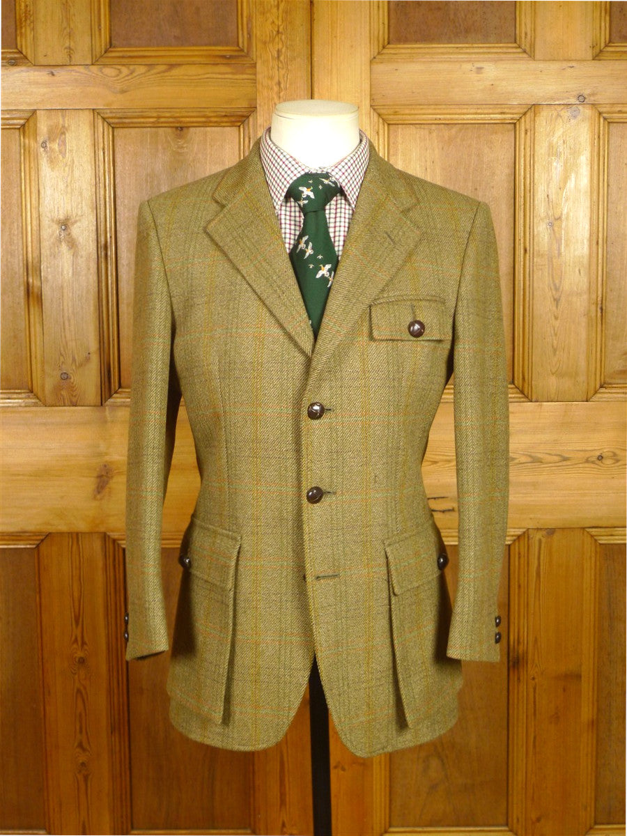 26/0317 vintage bladen supasax green 'essex' tweed jacket w/ leather buttons 36 regular
