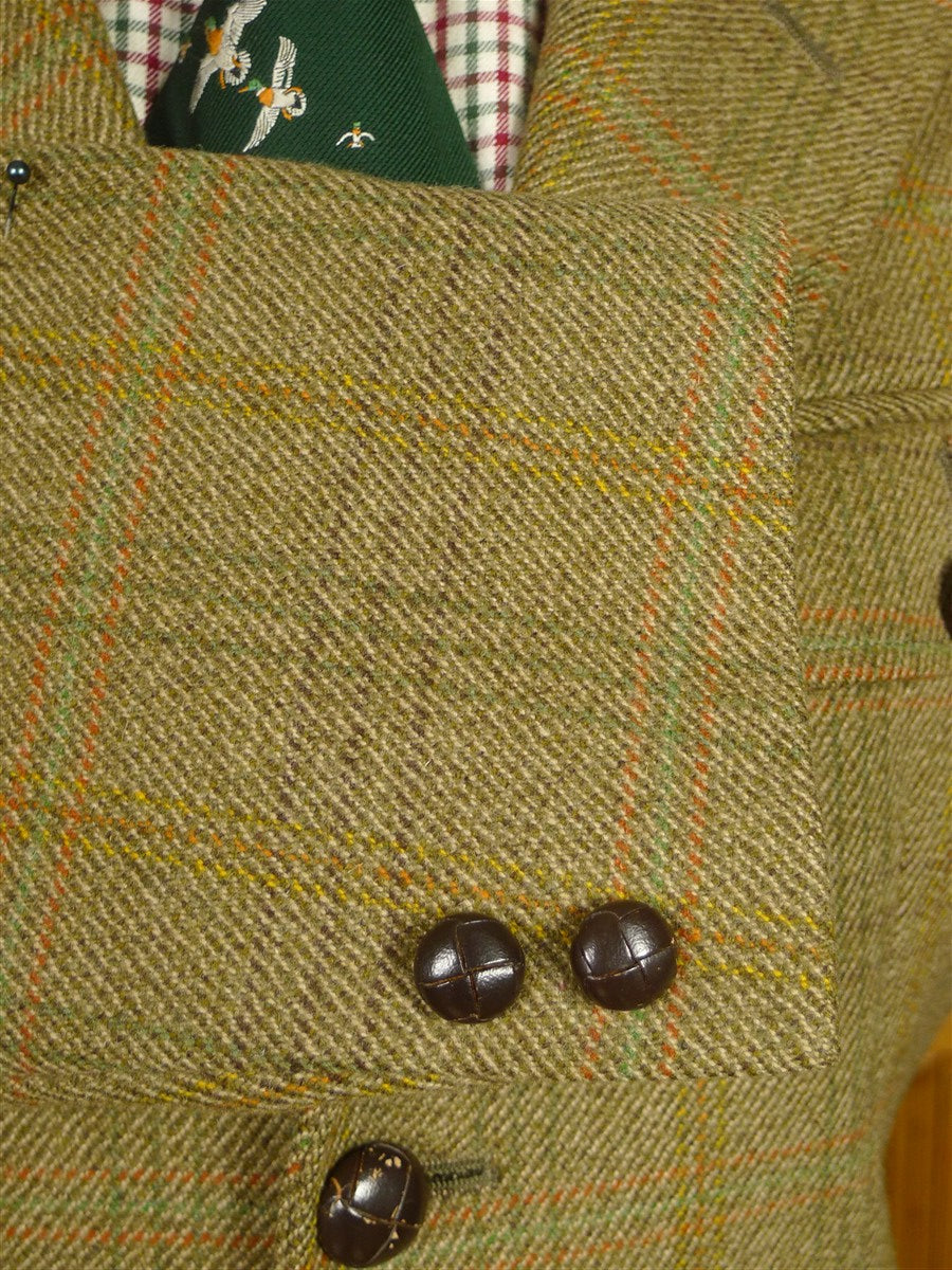 26/0317 vintage bladen supasax green 'essex' tweed jacket w/ leather buttons 36 regular
