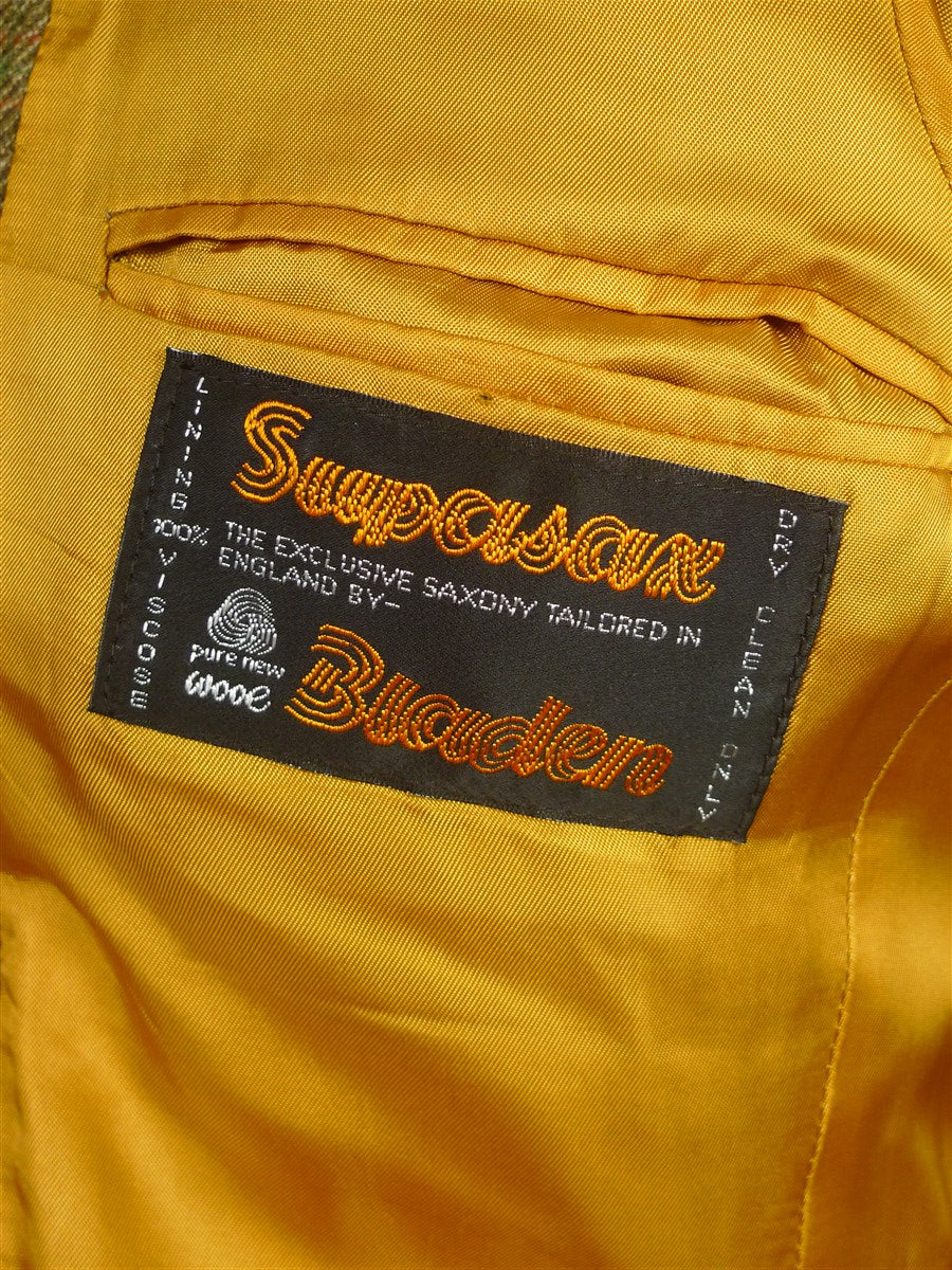 26/0317 vintage bladen supasax green 'essex' tweed jacket w/ leather buttons 36 regular