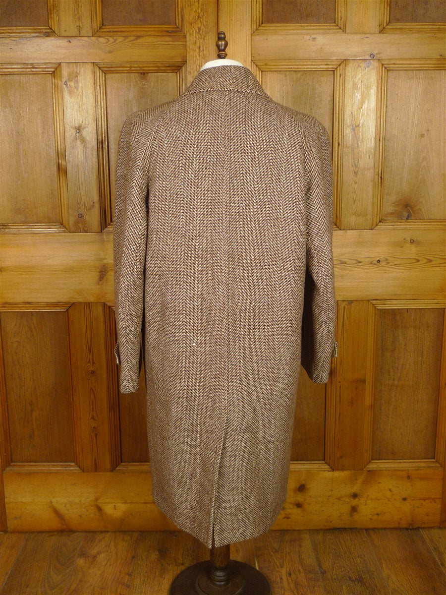 26/0318 fabulous genuine 1950s vintage very heavy brown d/b tweed coat overcoat w/ leather buttons 44-45