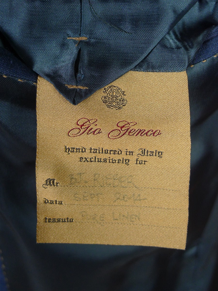 26/0351 immaculate 2014 gio genco mayfair italian bespoke blue linen 3-piece suit 42 short to regular
