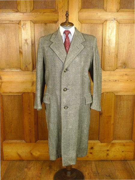 26/0398 genuine 1940s vintage heavyweight grey herringbone tweed full-length overcoat coat 41-42