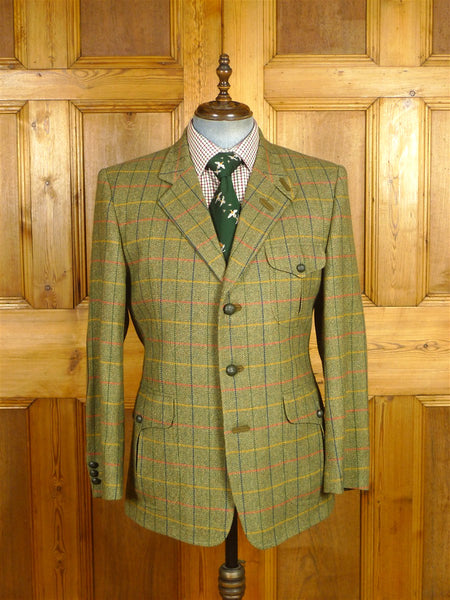 26/0424 immaculate daks signature green wp check tweed norfolk jacket w/ suede trims & leather buttons 40-41 short to regular