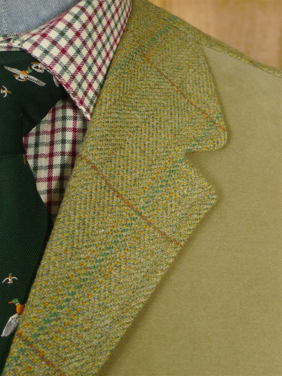 26/0465 immaculate vintage british green wp check tweed shooting vest waistcoat w/ suede facings 40-42
