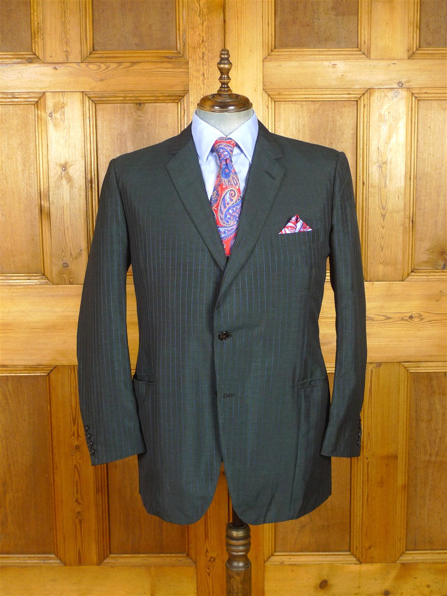26/0521 vintage 1970 henry poole savile row bespoke charcoal grey / royal blue pin-stripe worsted & mohair suit 45 regular