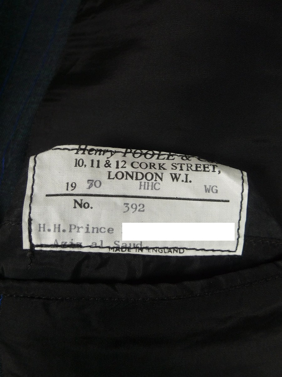 26/0521 vintage 1970 henry poole savile row bespoke charcoal grey / royal blue pin-stripe worsted & mohair suit 45 regular
