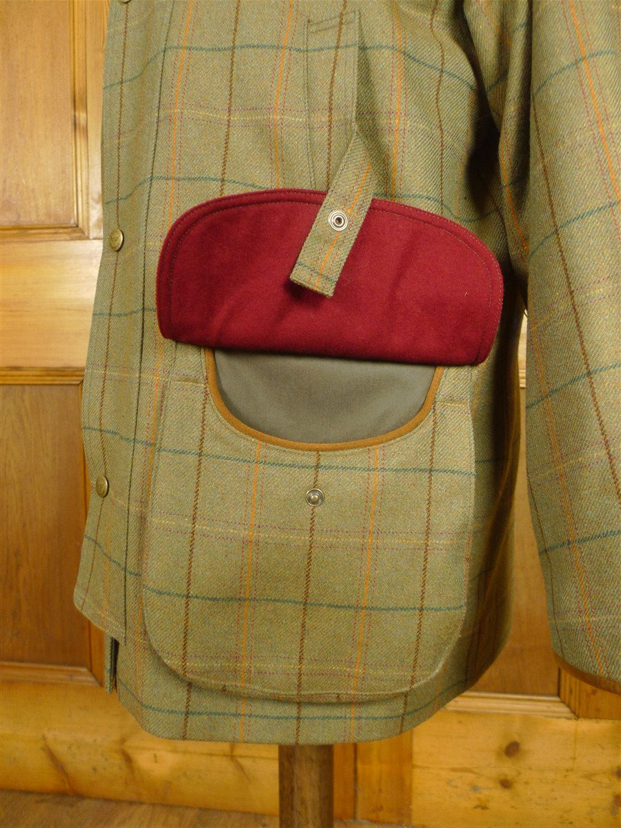 26/0546 mint nearly new chrysalis green / graph check tweed shooting jacket field coat w/ all weather membrane 46