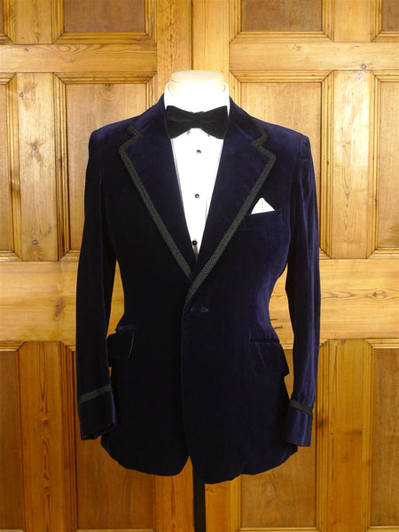 26/0574 wonderful vintage harrods midnight blue velvet evening dress dinner jacket w/ braid trims 37-38 short