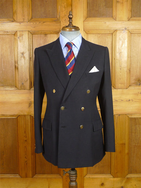 26/0580 vintage 1985 dege & sons savile row bespoke dark navy worsted blazer w/ regimental buttons 38 long