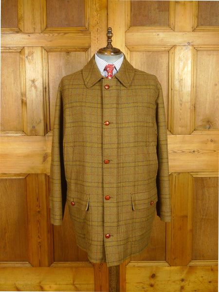 26/0606 near immaculate vintage daks (made by invertere) brown graph check tweed raglan sleeve shooting field coat w/ ghillie collar 44