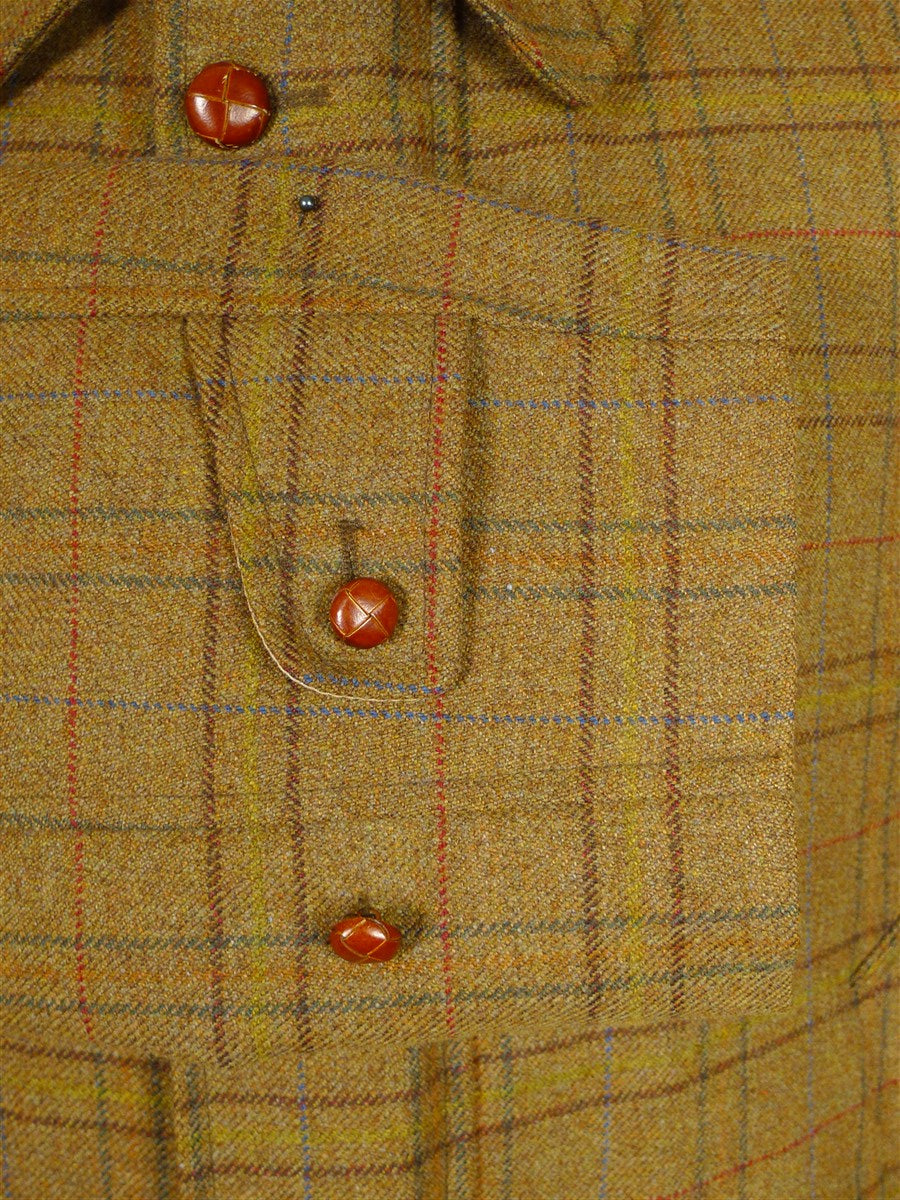 26/0606 near immaculate vintage daks (made by invertere) brown graph check tweed raglan sleeve shooting field coat w/ ghillie collar 44