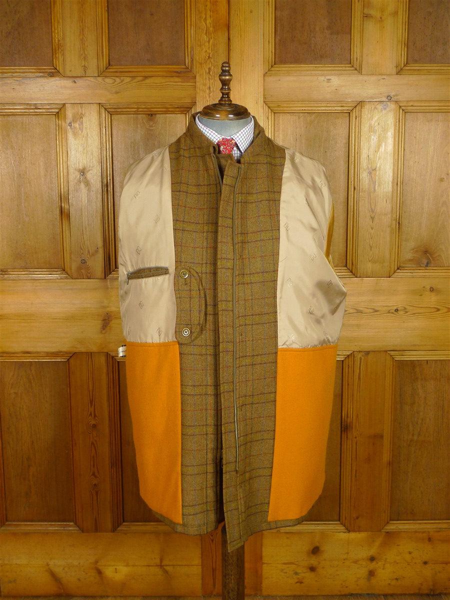 26/0606 near immaculate vintage daks (made by invertere) brown graph check tweed raglan sleeve shooting field coat w/ ghillie collar 44