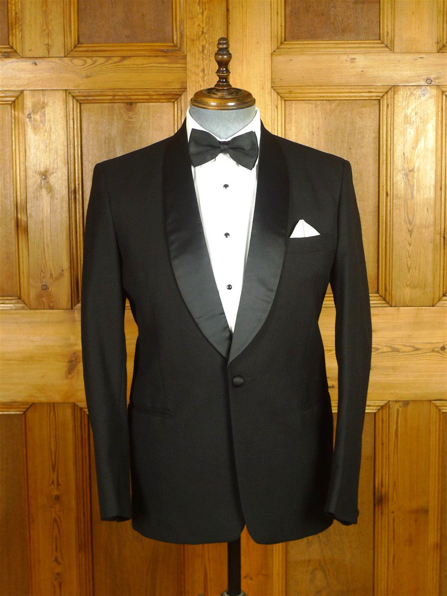 26/0600 vintage british black wool dinner jacket w/ silk shawl lapel 38 regular