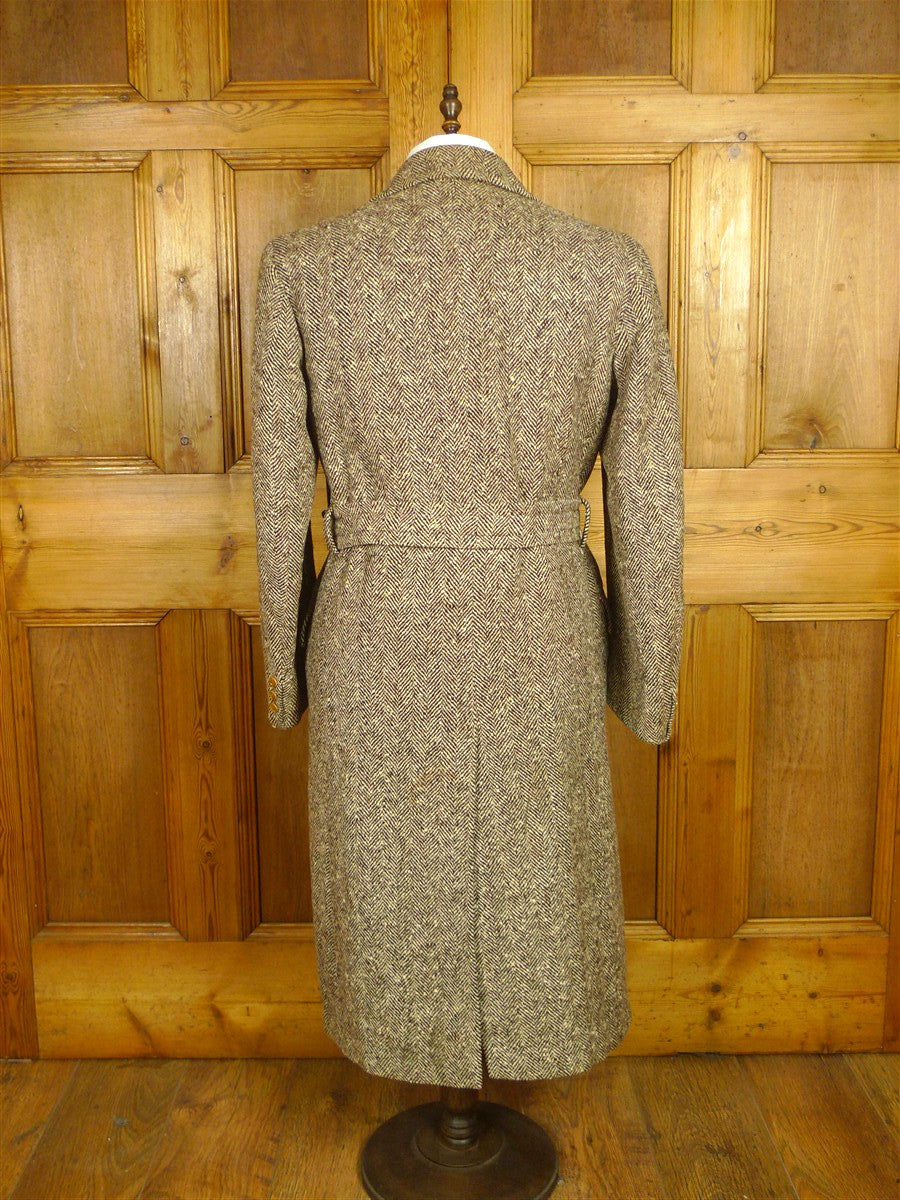 26/0625 beautiful genuine 1940s ww2 era vintage d/b brown wide herringbone weave tweed overcoat coat 38-39