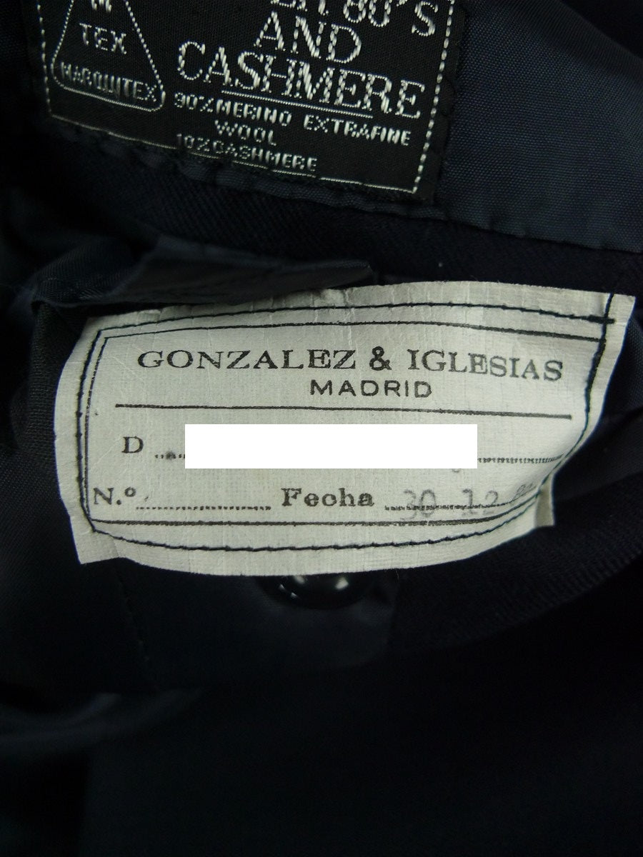 26/0632 madrid 1989 bespoke canvassed navy blue twill weave d/b 90% merino & 10% cashmere suit 43-44 regular