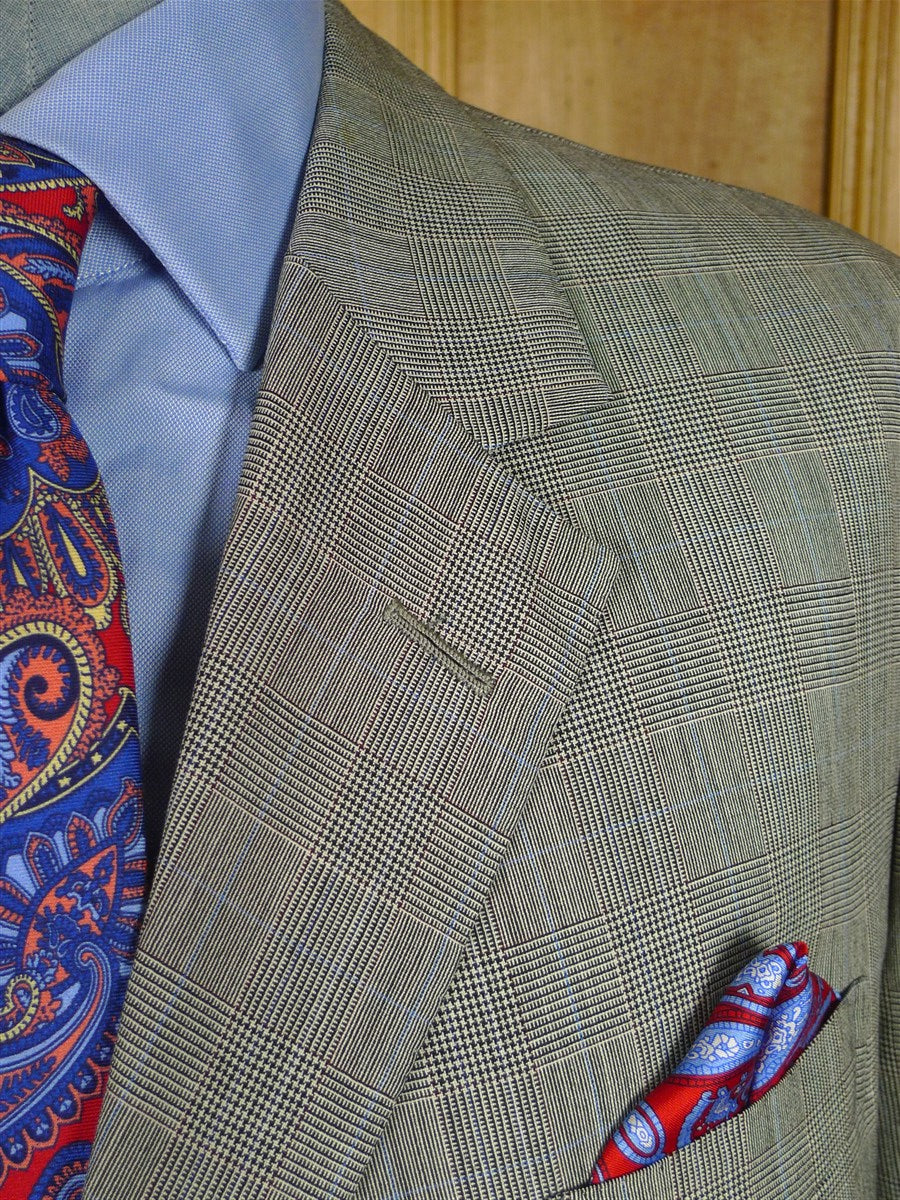 26/0637 immaculate 2000s madrid bespoke canvassed grey / blue prince of wales check worsted suit w/ 2 pair trs 44-45 regular