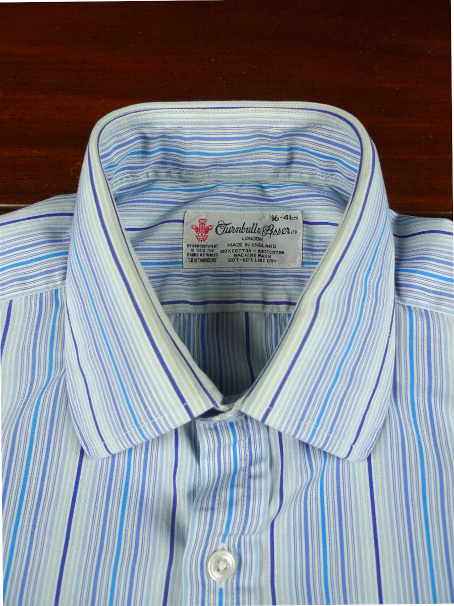 26/0673 turnbull & asser cotton blue striped long sleeve double cuff shirt 15.5