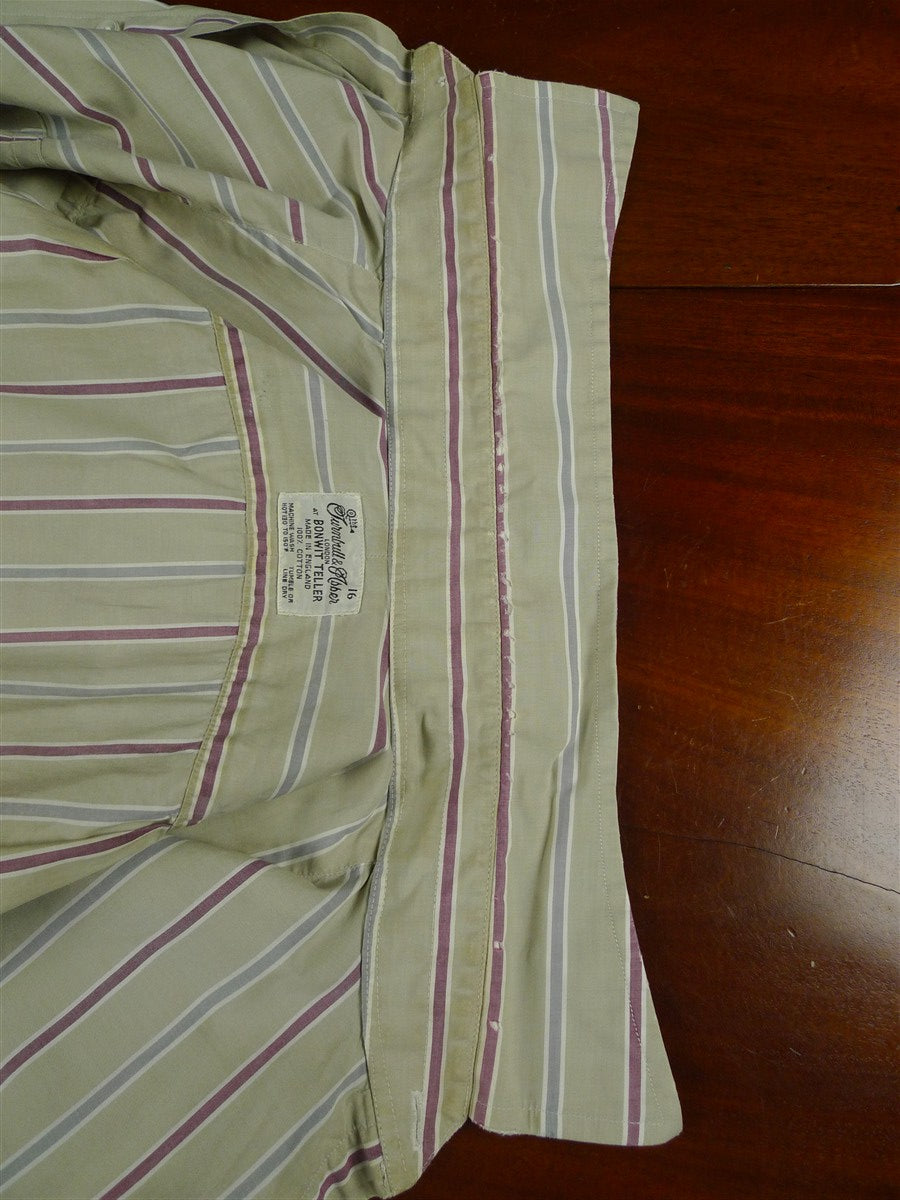 26/0685 vintage turnbull & asser cotton olive/maroon striped long sleeve single cuff shirt 15"