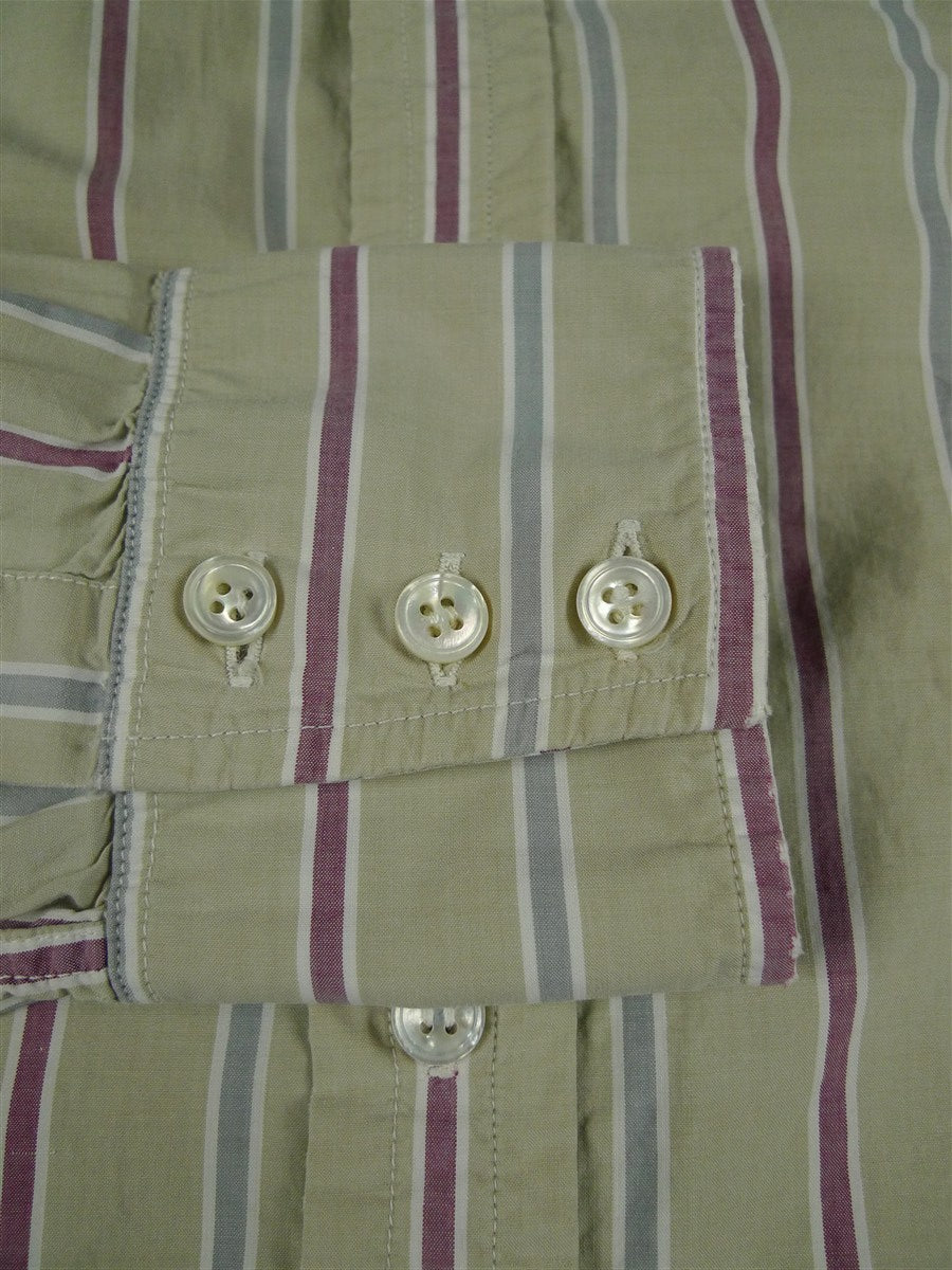26/0685 vintage turnbull & asser cotton olive/maroon striped long sleeve single cuff shirt 15"
