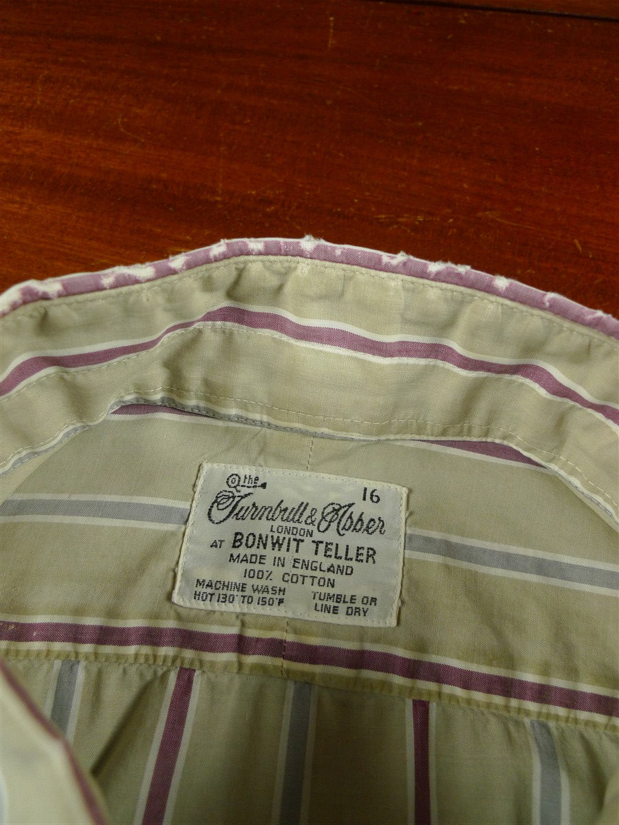 26/0685 vintage turnbull & asser cotton olive/maroon striped long sleeve single cuff shirt 15"