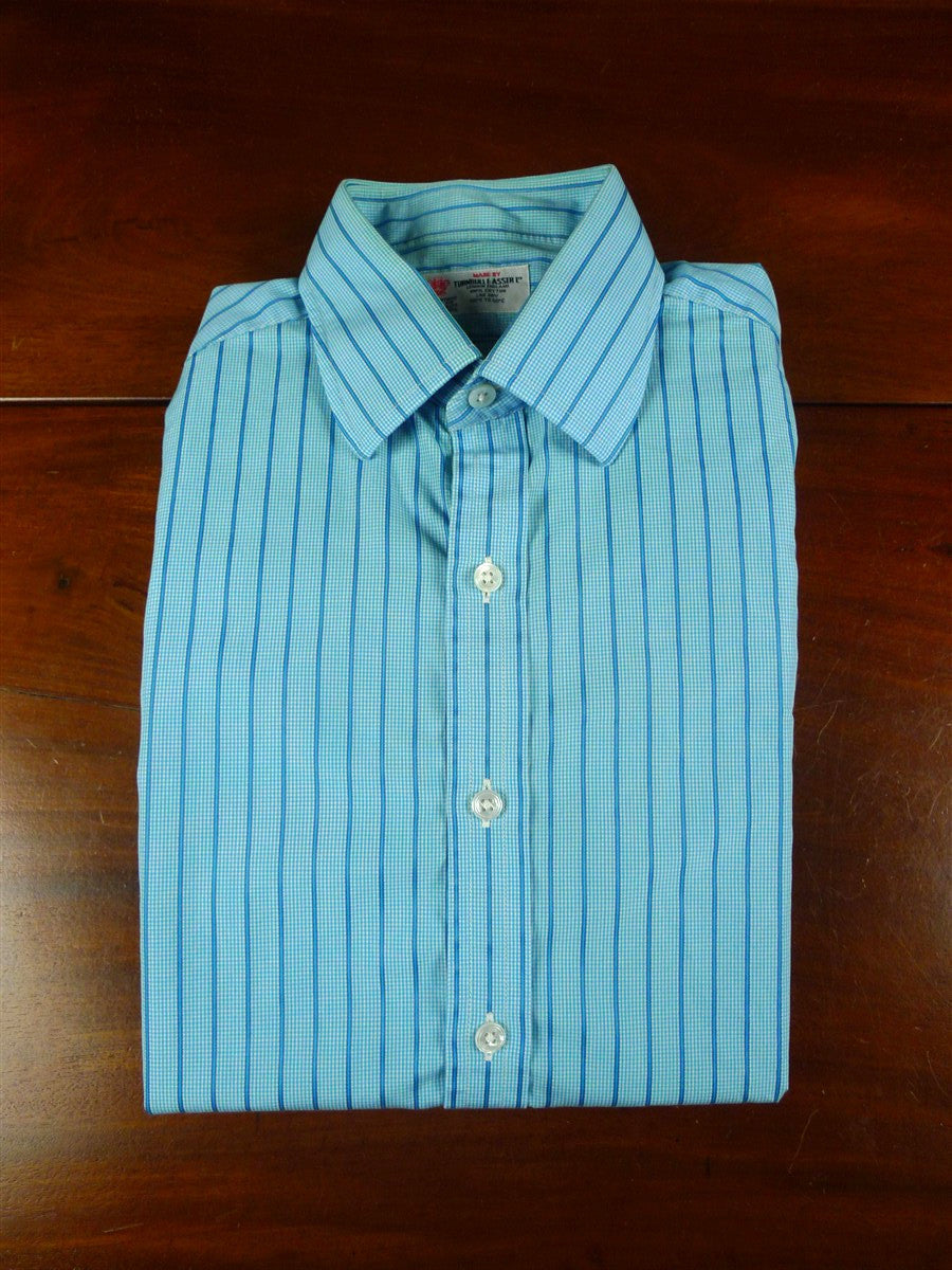 26/0683 turnbull & asser cotton teal striped long sleeve single cuff shirt 15"