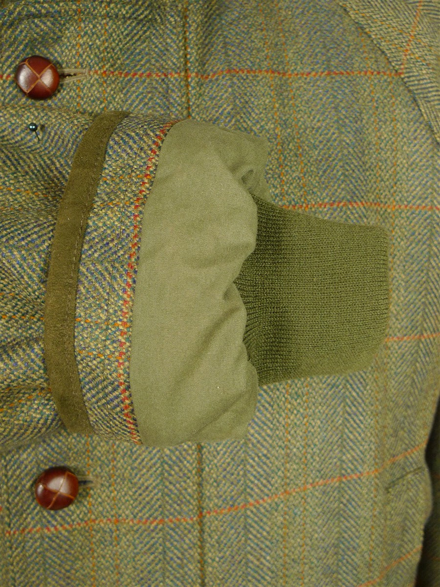 26/0697 immaculate john brocklehurst heavyweight green / amber wp check tweed shooting coat 44-46