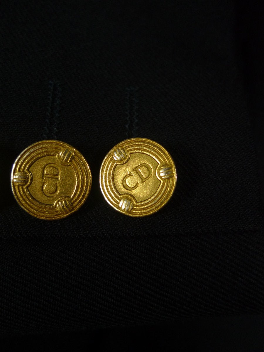 26/0687 immaculate vintage christian dior navy blue d/b wool blazer w/ CD buttons 41-42 long