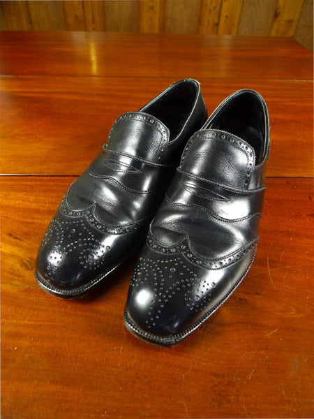 26/0711 beautiful vintage george cleverly black leather brogue slip-on shoe w/ bags uk 9